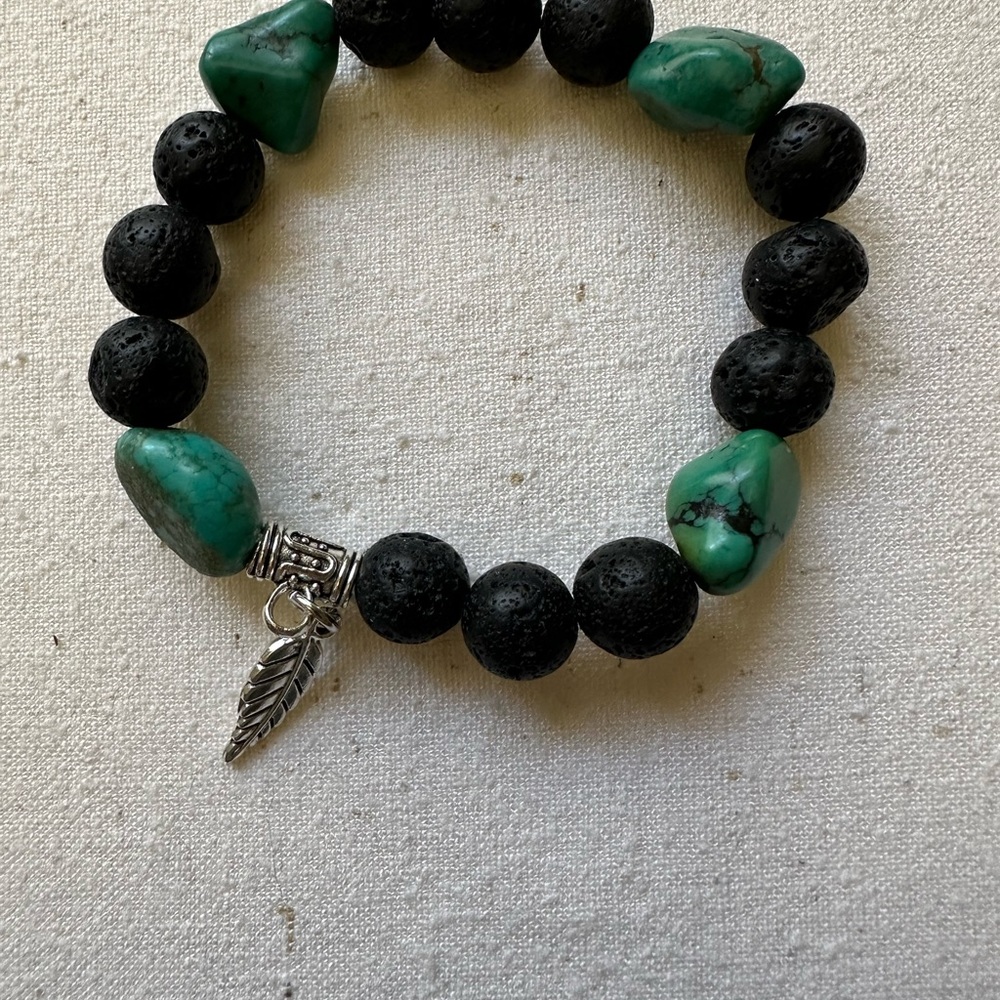 Turquoise and Black Lava Stone Beaded Bracelet with Silver Charm